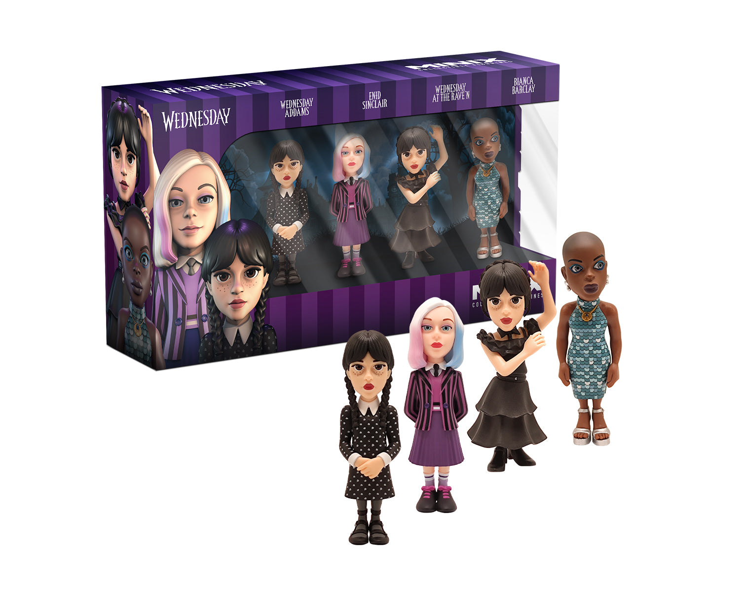 Minix - TV Series - Mercredi - Pack De 4 - Mercredi, Mercredi En Robe Enid Bianca Figurine 12cm Minix - TV Series - Mercredi - Pack De 4 - Mercredi, Mercredi En Robe Enid Bianca Figurine 12cm